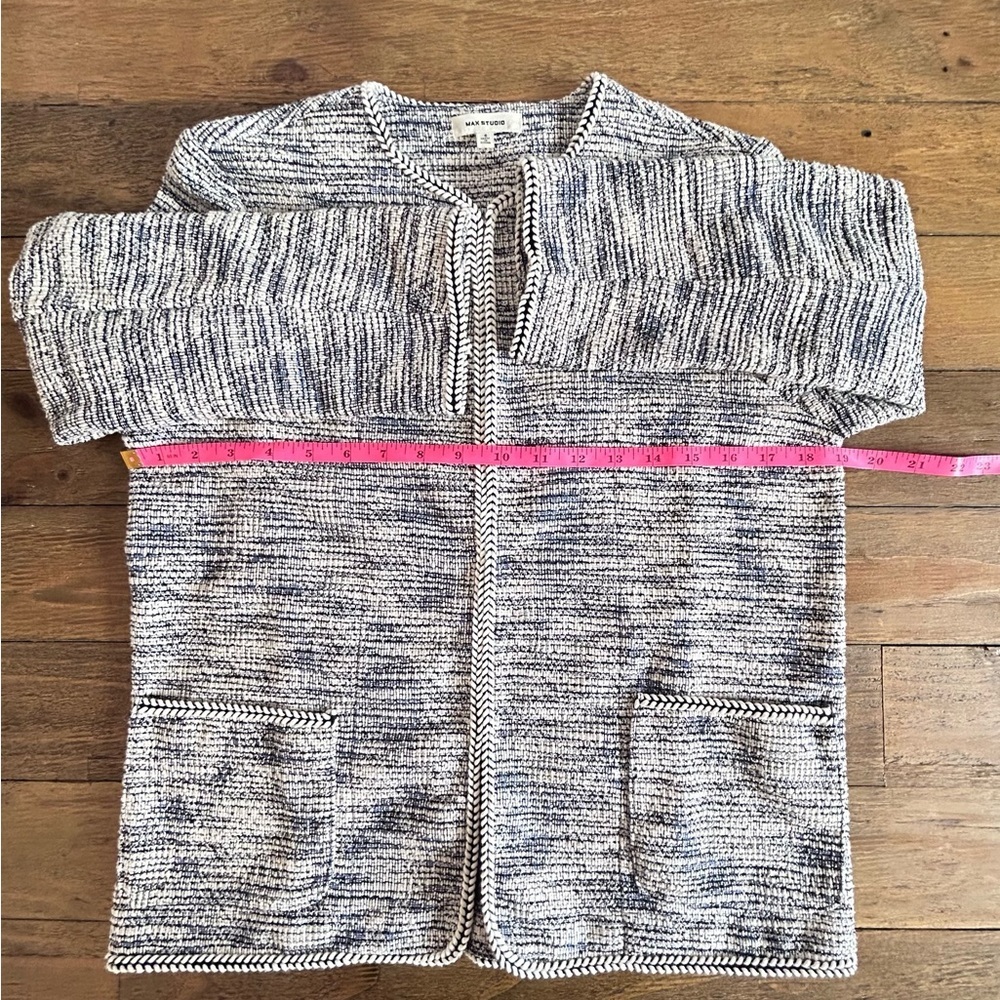MAX STUDIO Cardigan Blazer Textured Tweed Braided Pockets Blue, black white blue - Picture 7 of 10